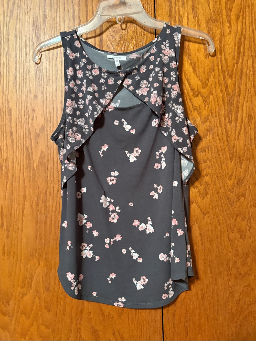 Maurices Sleeveless Floral Double Layer Cutout Blouse Top Gray Pink Size M